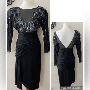 Vintage Casadei Black Sequin Sheer Long Sleeve Ruched Dress Cocktail Party Glam